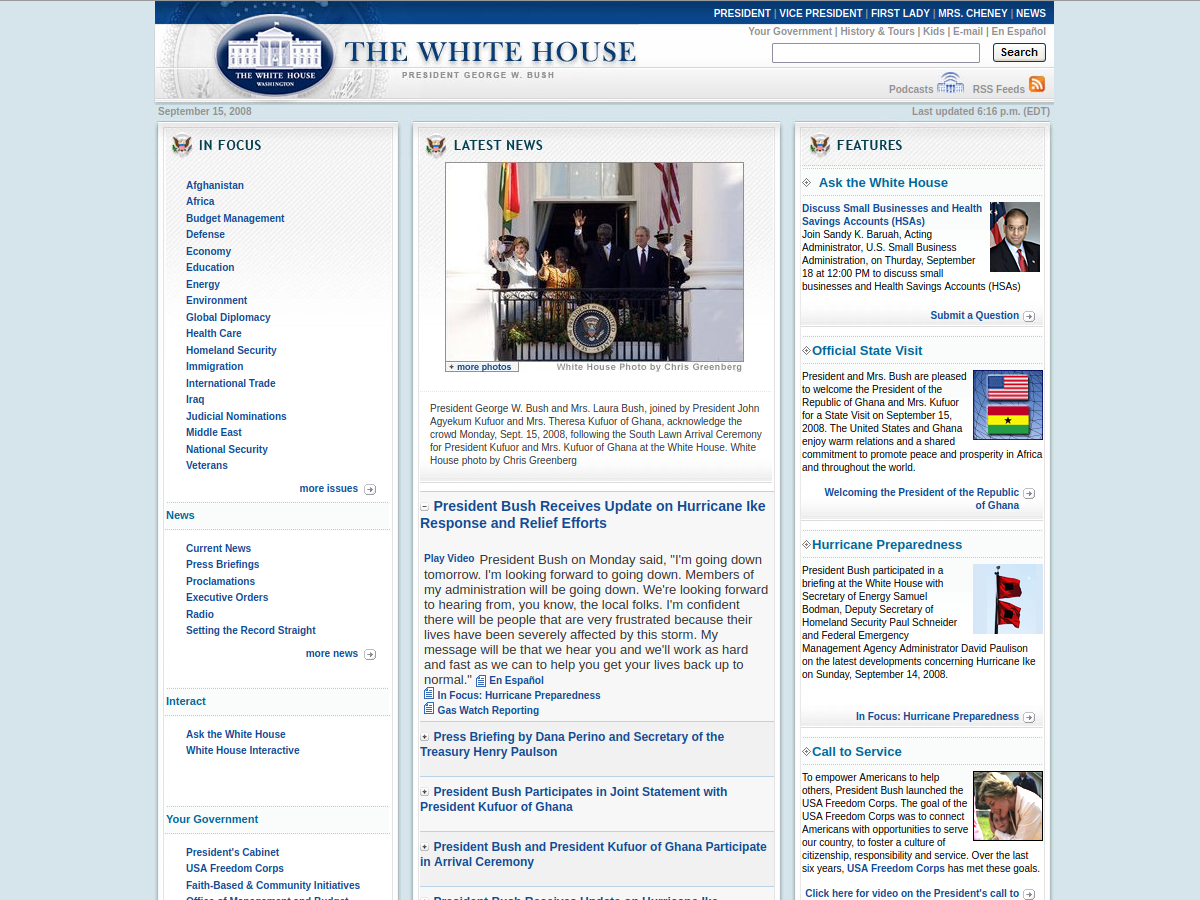 whitehouse.gov capture from September 15, 2008 includes image of President George W. Bush and Mrs. Laura Bush, joined by President John Agyekum Kufuor and Mrs. Theresa Kufuor of Ghana