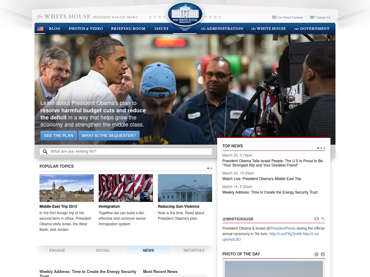 whitehouse.gov capture from March 21, 2013 includes image of President Barack Obama speaking to workers