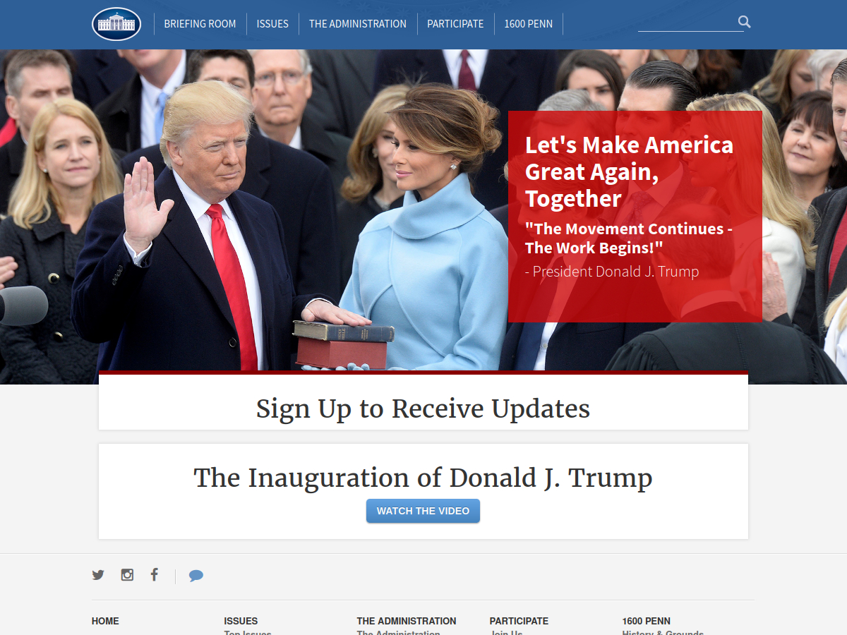 whitehouse.gov capture from February 3, 2017 includes image of President Donald Trump with hand on Holy Bible being sworn in with Melania Trump