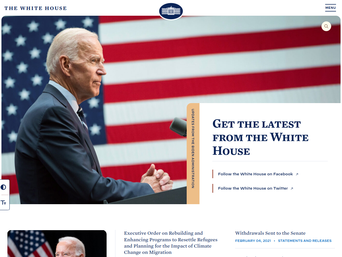 whitehouse.gov capture from February 5, 2021 includes image of President Joseph Biden at podium in front of American flag